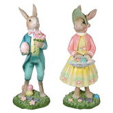 16" Large Dapper Dressed Easter Bunny Couple Carrying Colored Eggs Set/2