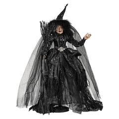 22" Large Balancing & Posable Silver Accented Black Dress Witch Holding Broom