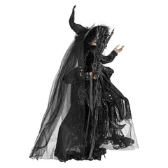 22" Large Balancing & Posable Silver Accented Black Dress Witch Holding Broom