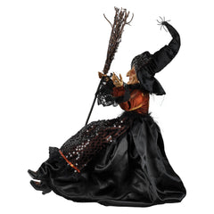 24" Large Sitting & Posable Orange Accented Black Dress Witch Holding Broom