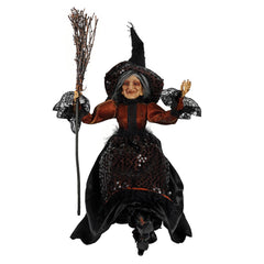 24" Large Sitting & Posable Orange Accented Black Dress Witch Holding Broom