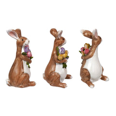 5.5" Resin Easter Bunnies Clutching Spring Flower Bouquets Set/3