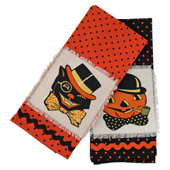 27" Spooky Whimsy Retro Black Cat & Jack-O'-Lantern Tea Towels Set/2
