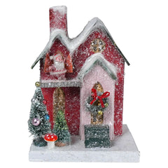 7.25" Lighted Red House With Santa