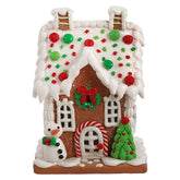 5.5" Lighted LED Red, White & Green Gingerbread House Featuring Snowman