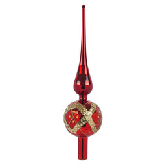 12.5" Glass Red Ball & Gold Stripe With Glittered Ivy Finial Tree Topper