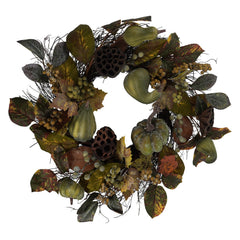 24" Green Berry, Gourd & Lotus Pod Wreath