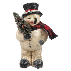 8.75" Vintage Rosy Cheeked Snowman Holding Christmas Tree