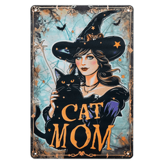 "Cat Mom" Charming Witch & Black Cat Metal Sign