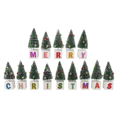 "Merry Christmas" Blocks - With Frosted & Decorated Bottle Brush Trees Set/14
