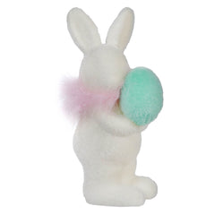 10" Flocked White Bunny Holding Teal Egg
