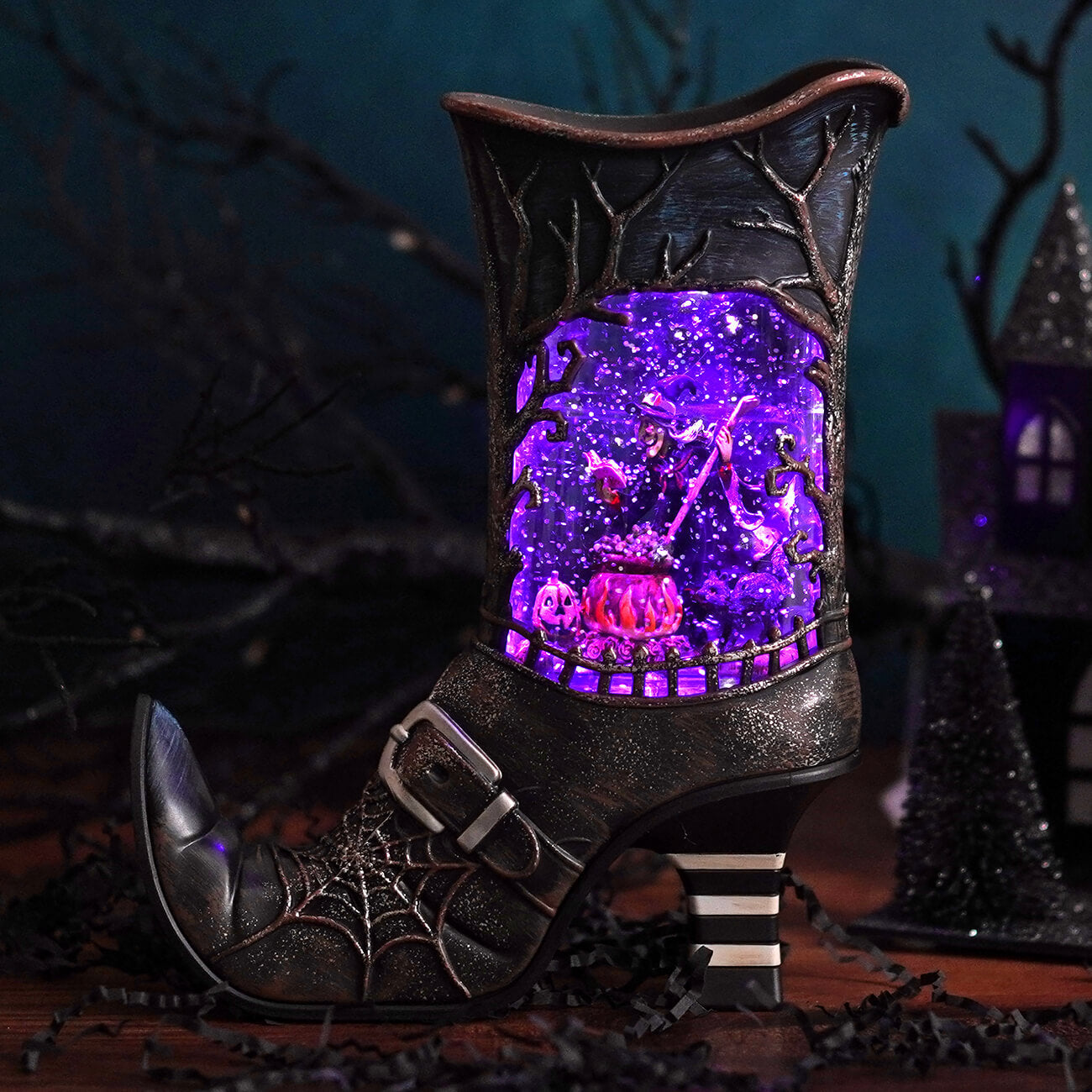 10" LED Lighted Spinning Water Globe Boot Featuring Witch Stirring Bubbling Cauldron
