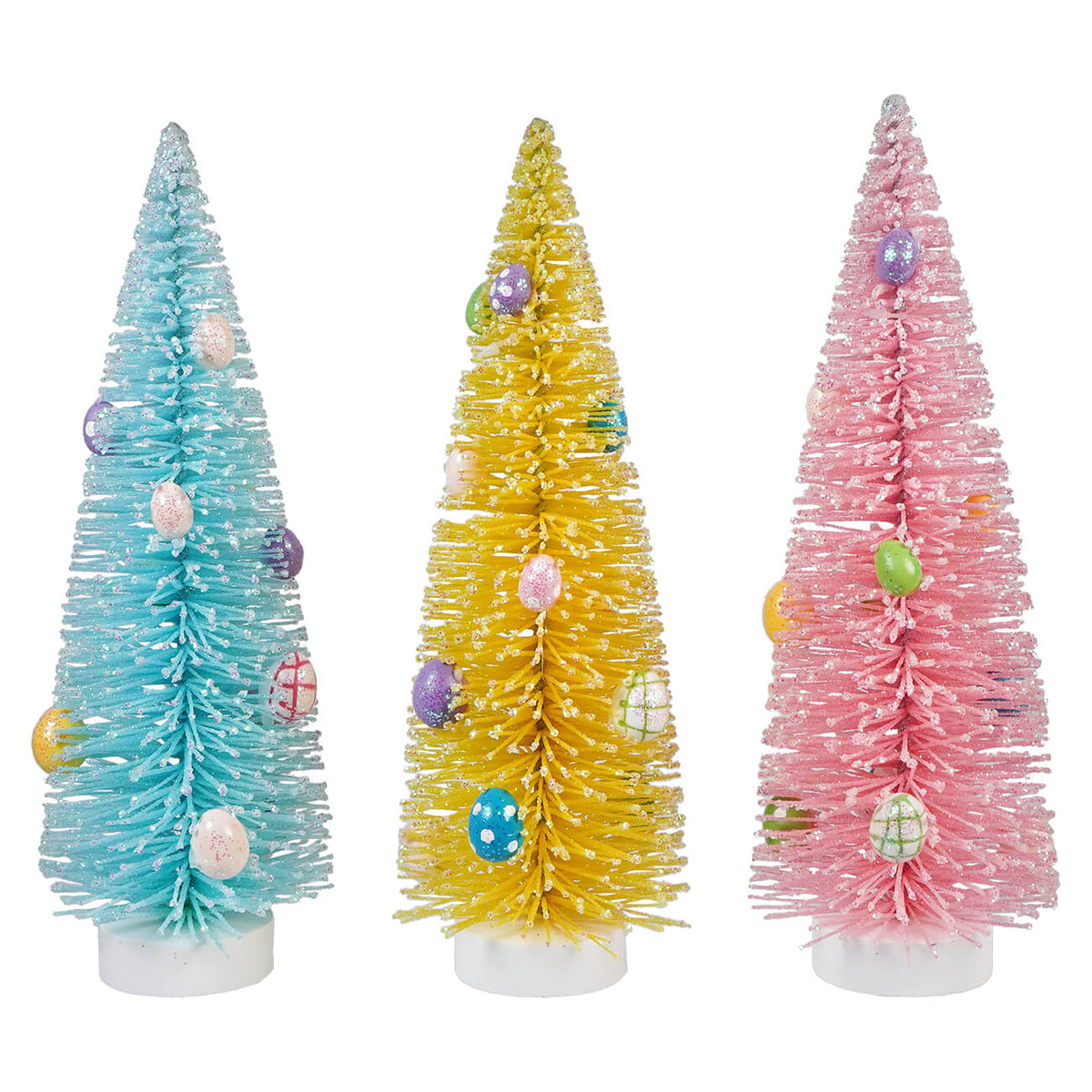 10" Pastel Blue, Yellow & Pink Flocked Bristle Easter Egg Trees Set/3