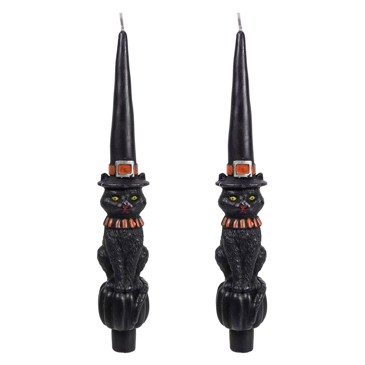 10" Unscented Cat With Witch Hat Shaped Taper Candles Box Set/2