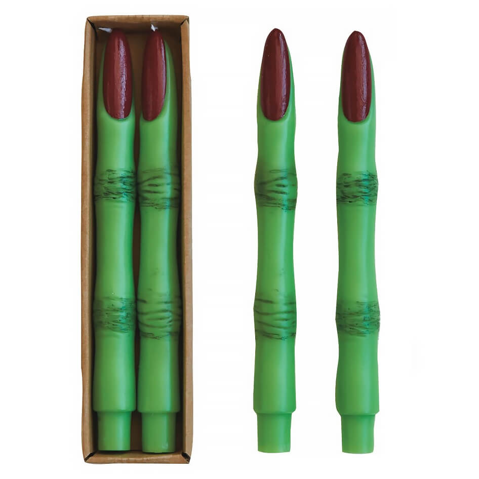 10" Unscented Green & Red Witch Finger Taper Candles Box Set/2