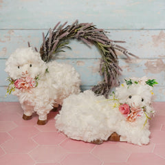 11" Fluffy White Lying Sheep With Flower Wreath