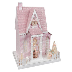 12.75" Lighted LED Pink Spring Tudor House With Timer