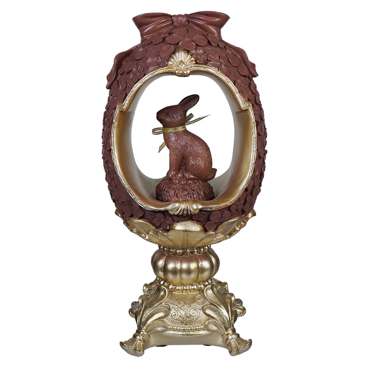12" Gold & Chocolate Bunny & Egg Pedestal