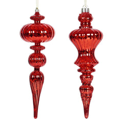 12" Large Red Distressed Finish Finial Ornaments Set/2