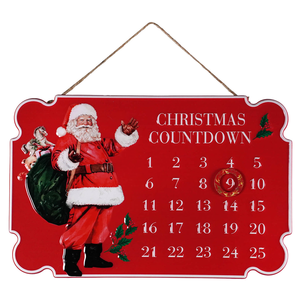 13.5" Metal Embossed Holiday Santa Design Christmas Countdown Calendar