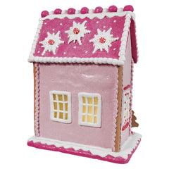13" Lighted Pink Gingerbread House