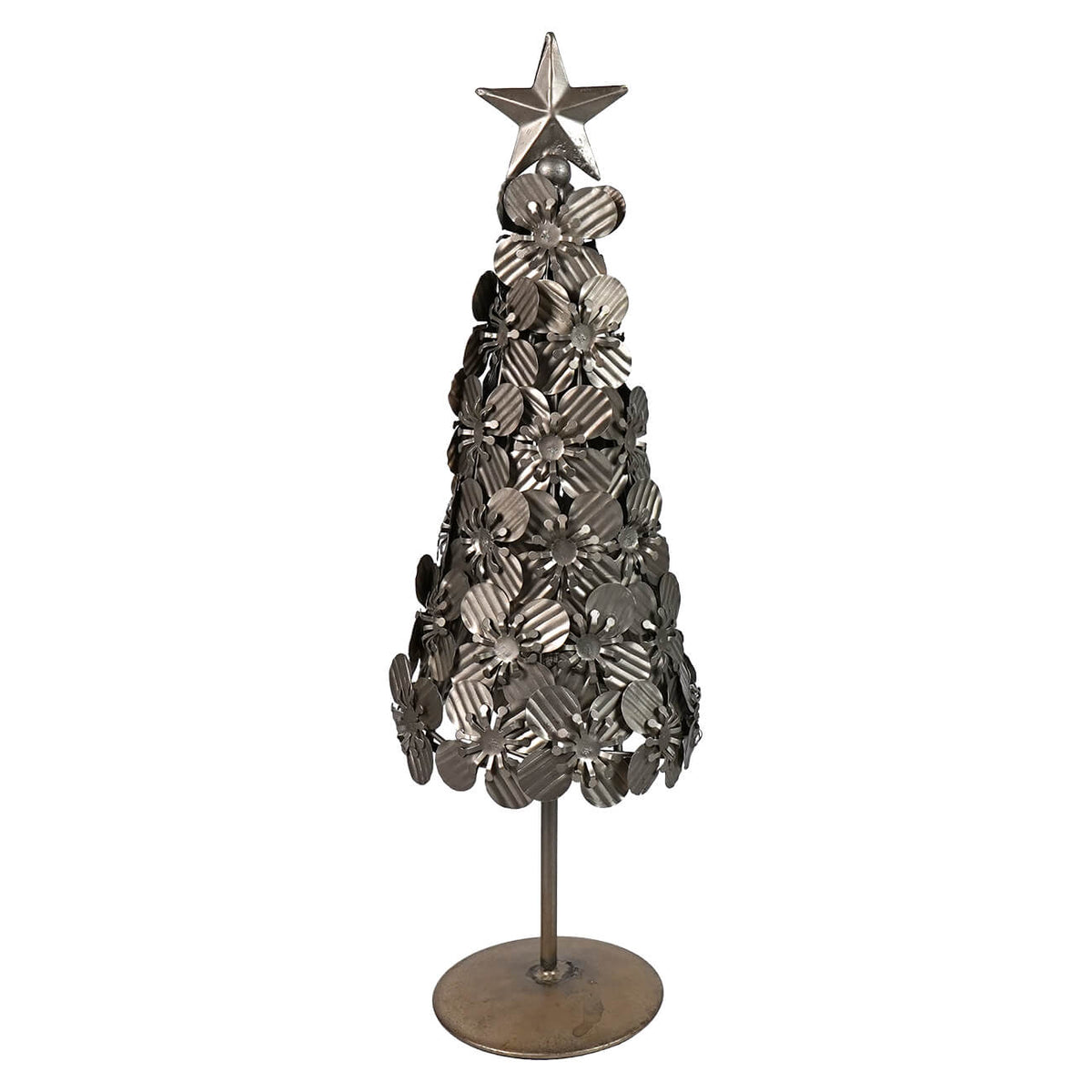 14" Antique Silver Finish Metal Flowers Christmas Tree With Star