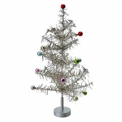 14" Silver Finish Tinsel Tree With Multi Color Ball Ornaments