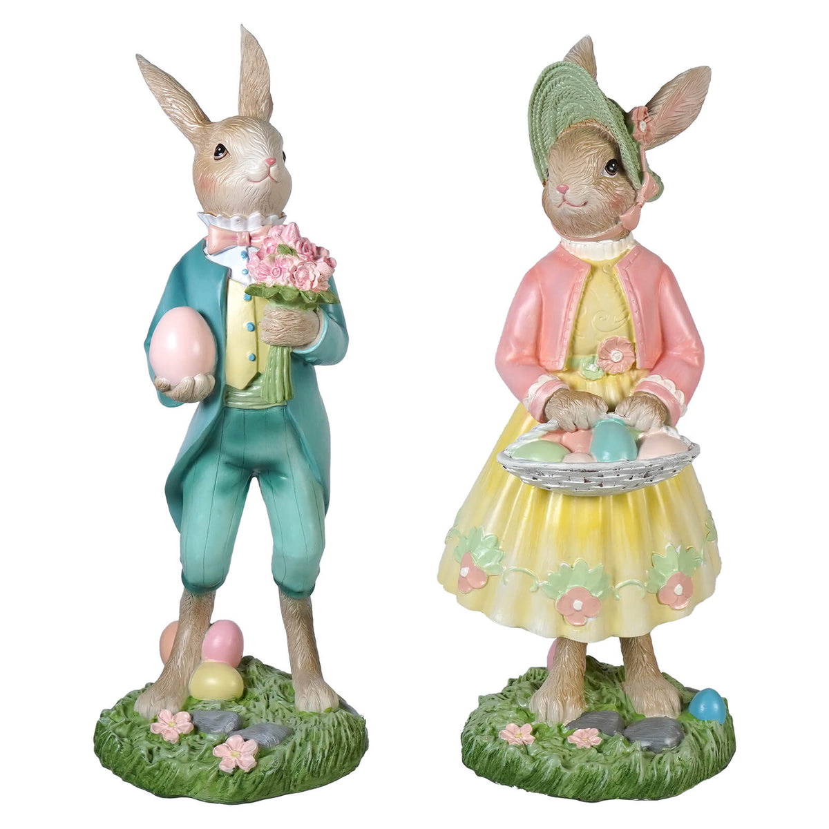 16" Large Dapper Dressed Easter Bunny Couple Carrying Colored Eggs Set/2