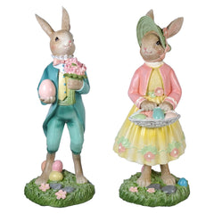 16" Large Dapper Dressed Easter Bunny Couple Carrying Colored Eggs Set/2