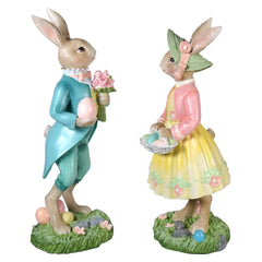 16" Large Dapper Dressed Easter Bunny Couple Carrying Colored Eggs Set/2