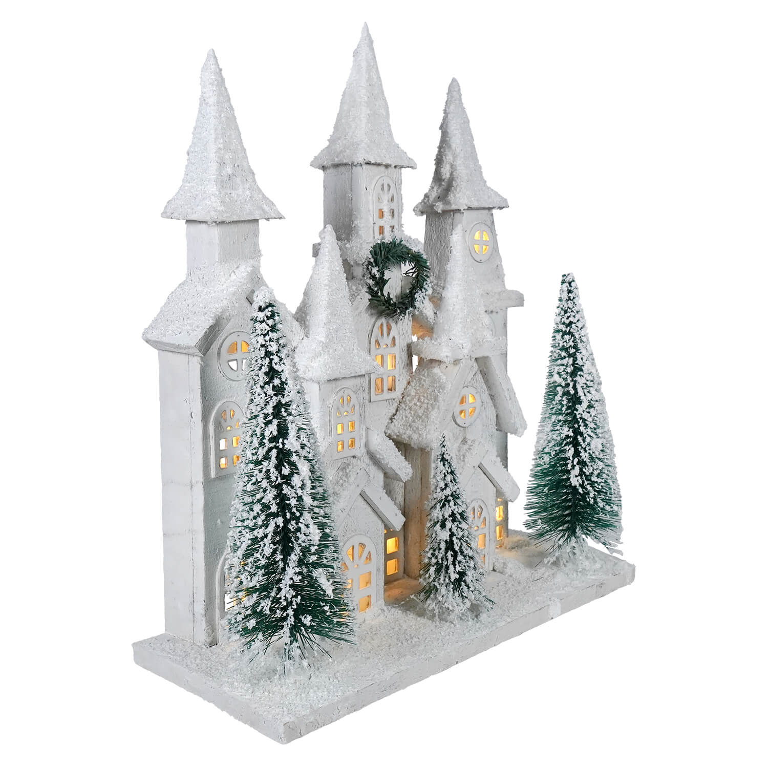 16" LED Lighted Winter Holiday Frosted Wood House With Bottle Brush Trees