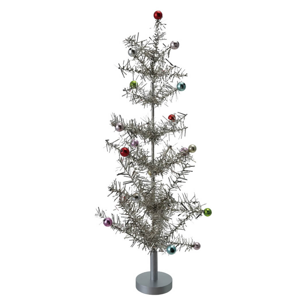 19" Silver Finish Tinsel Tree With Multi Color Ball Ornaments