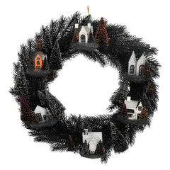20" Large Lighted Black Halloween Wreath Featuring Lit Houses