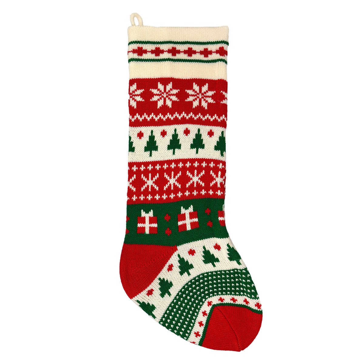 20" Red, Green & Ivory Knit Snowflake & Christmas Tree Stocking