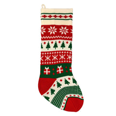 20" Red, Green & Ivory Knit Snowflake & Christmas Tree Stocking