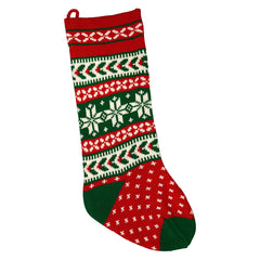 20" Red, Green & Ivory Knit Snowflake & Holly Stocking