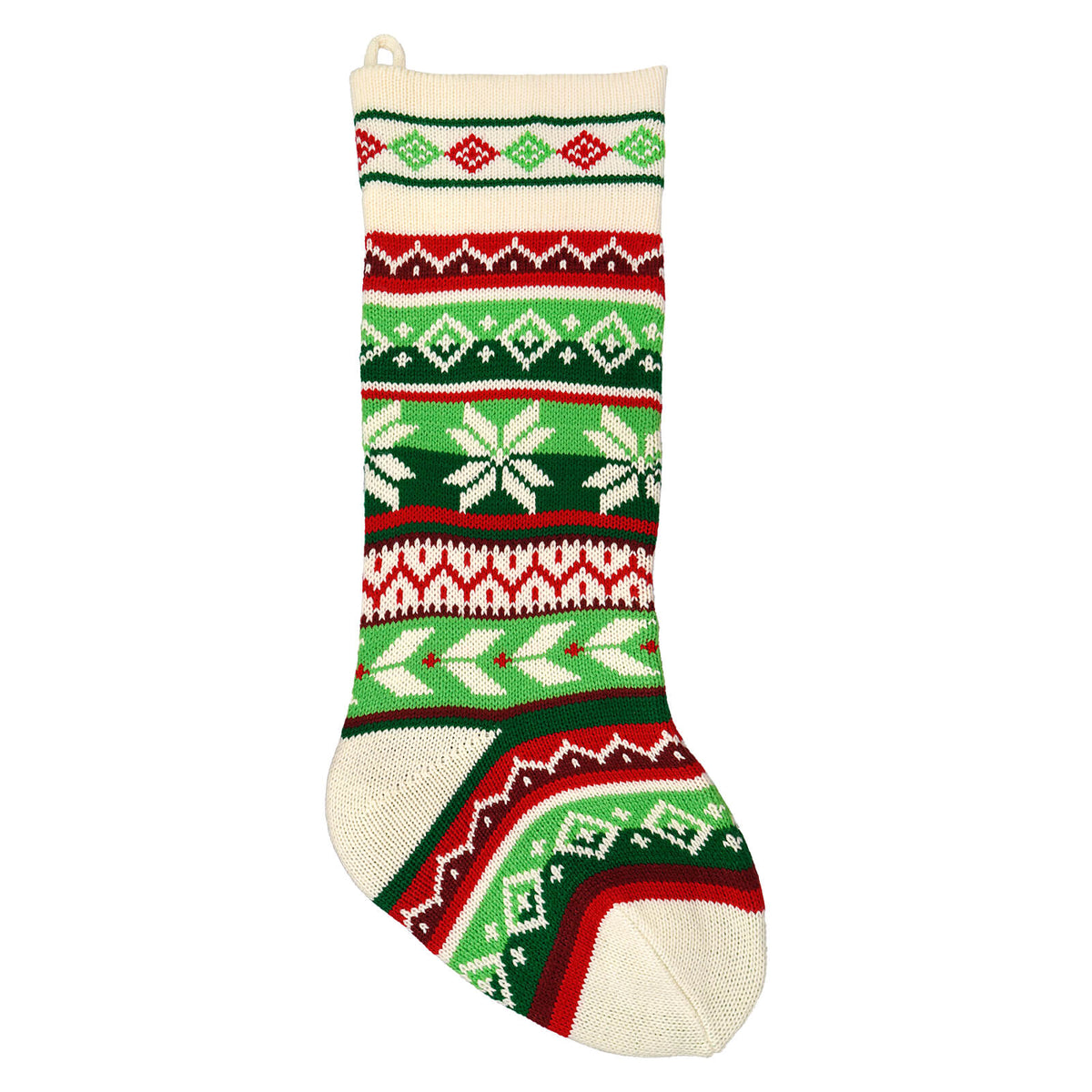 20" Red, Green & Ivory Knit Snowflake Stocking