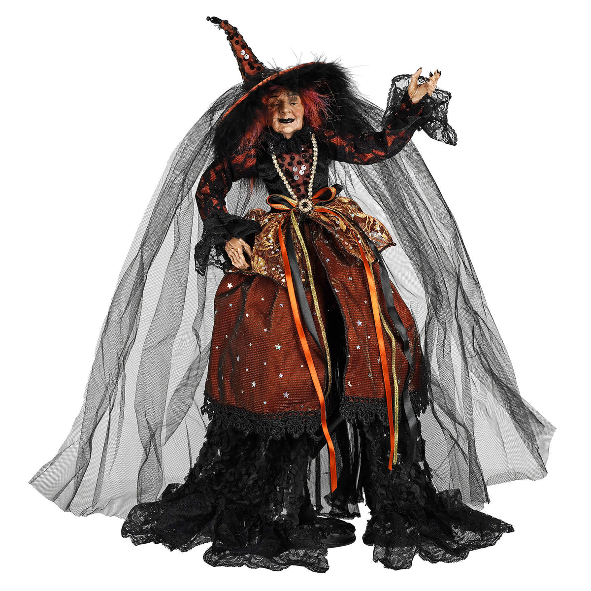 22" Large Balancing & Posable Orange Accented Black Dress Witch