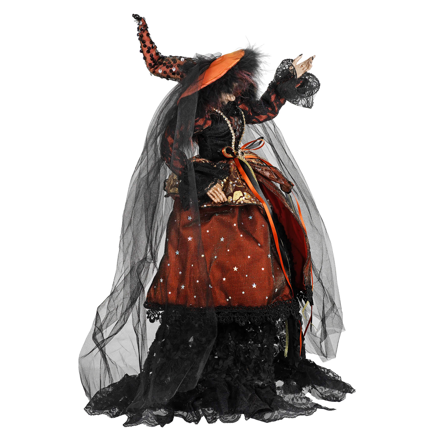 22" Large Balancing & Posable Orange Accented Black Dress Witch