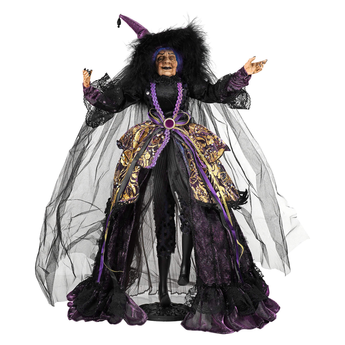 22" Large Balancing & Posable Purple Accented Black Dress Witch