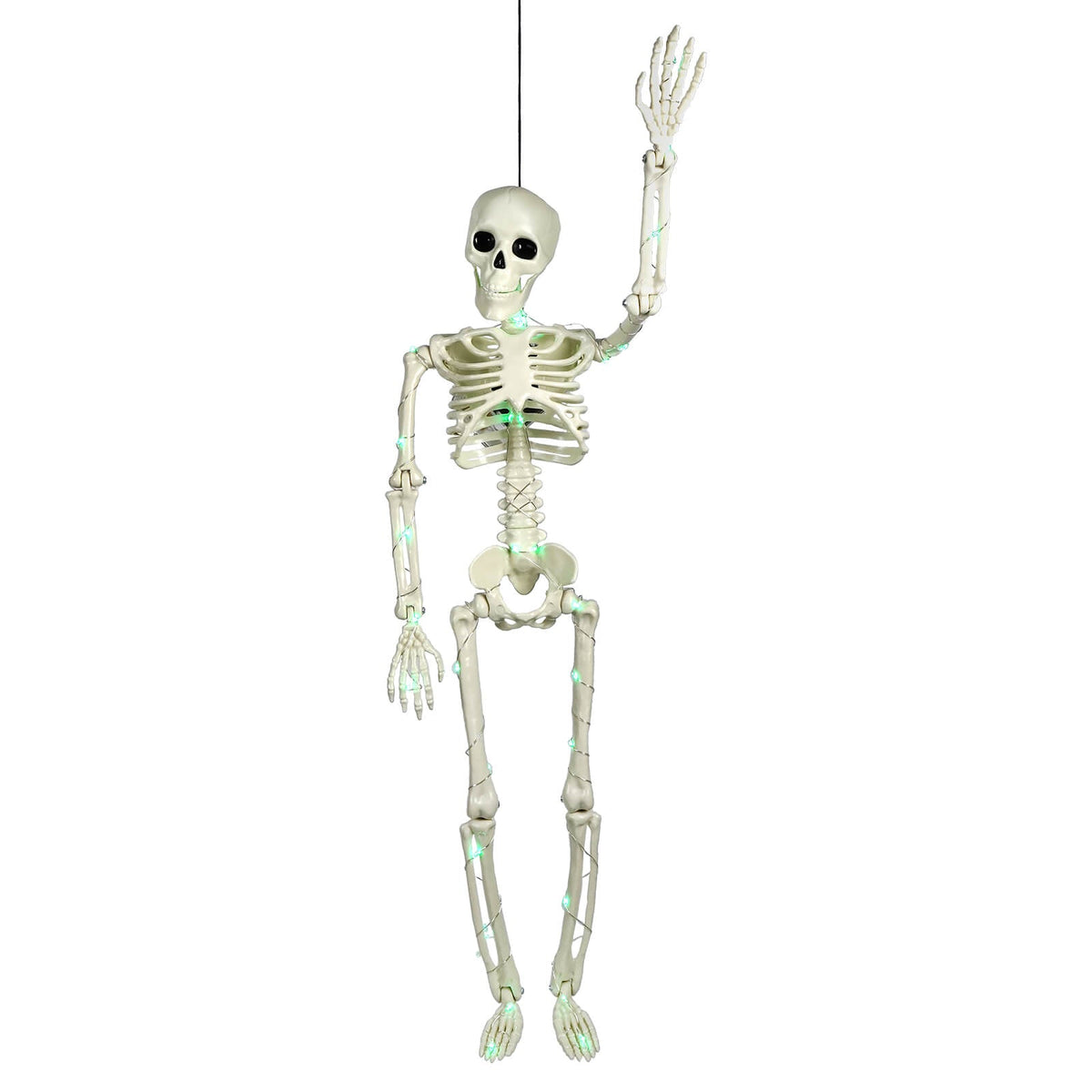 24" Green LED Lighted Halloween Hanging & Jointed Skeleton