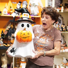 24" Large Ghost Holding Lighted Pumpkin