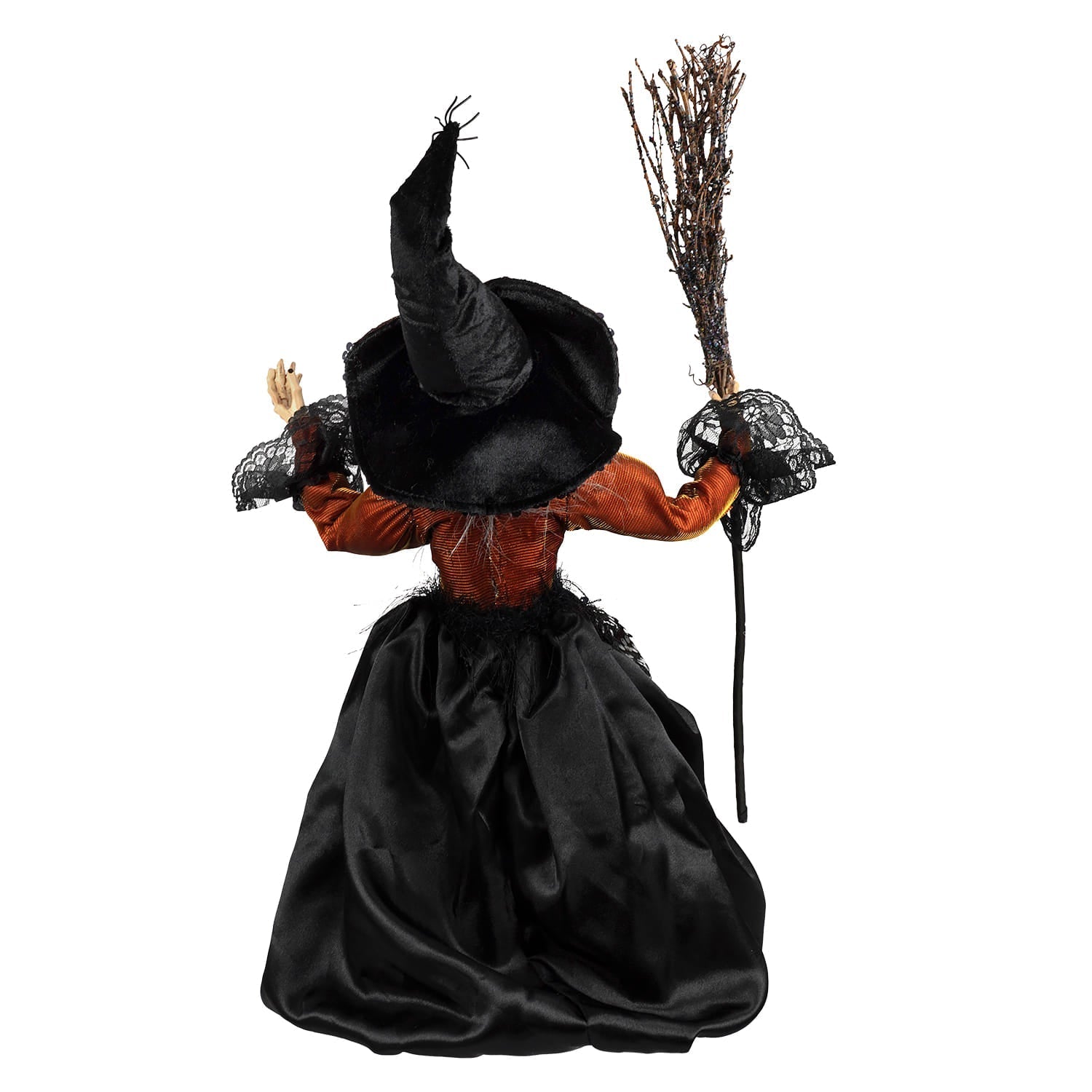 24" Large Sitting & Posable Orange Accented Black Dress Witch Holding Broom