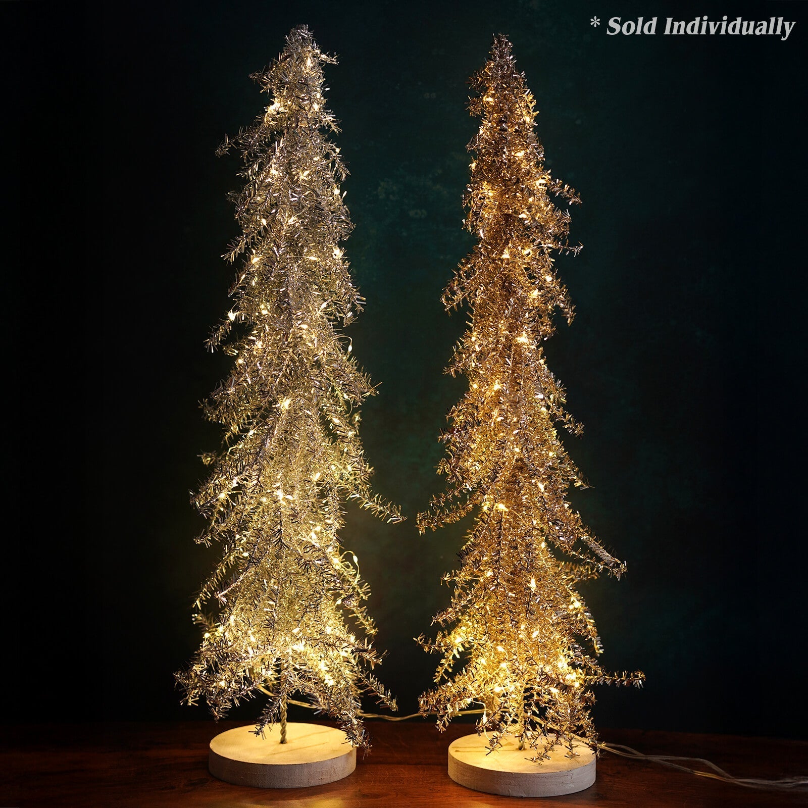 24" LED Lighted Gold Tinsel Metal Holiday Tree With Wood Base
