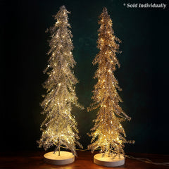 24" LED Lighted Gold Tinsel Metal Holiday Tree With Wood Base