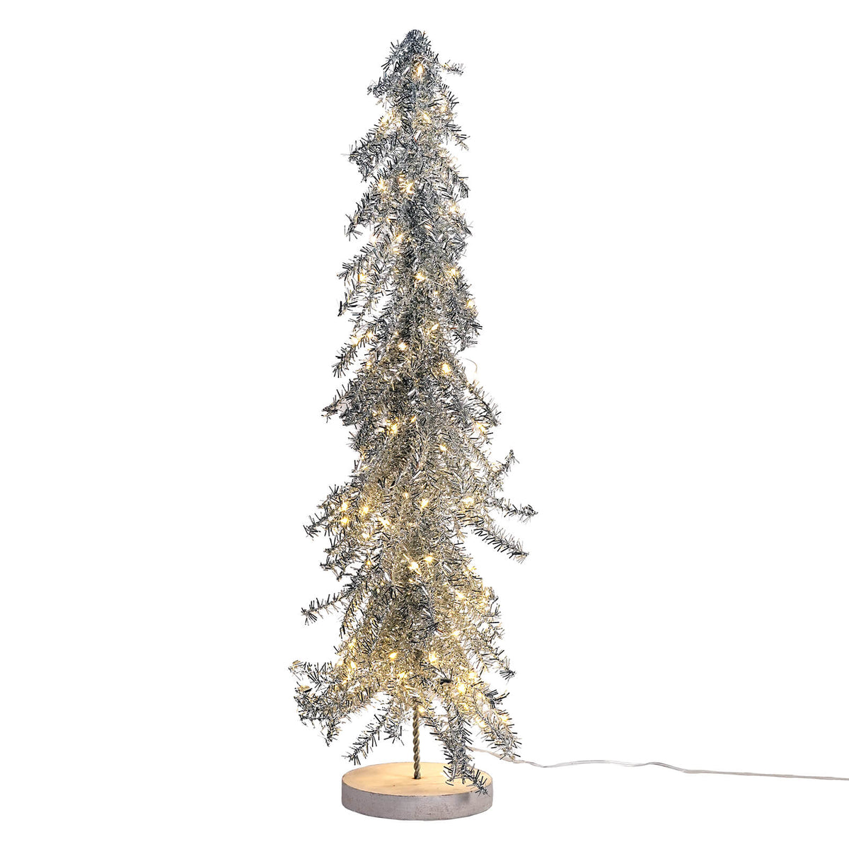 24" LED Lighted Silver Tinsel Metal Holiday Tree With Wood Base