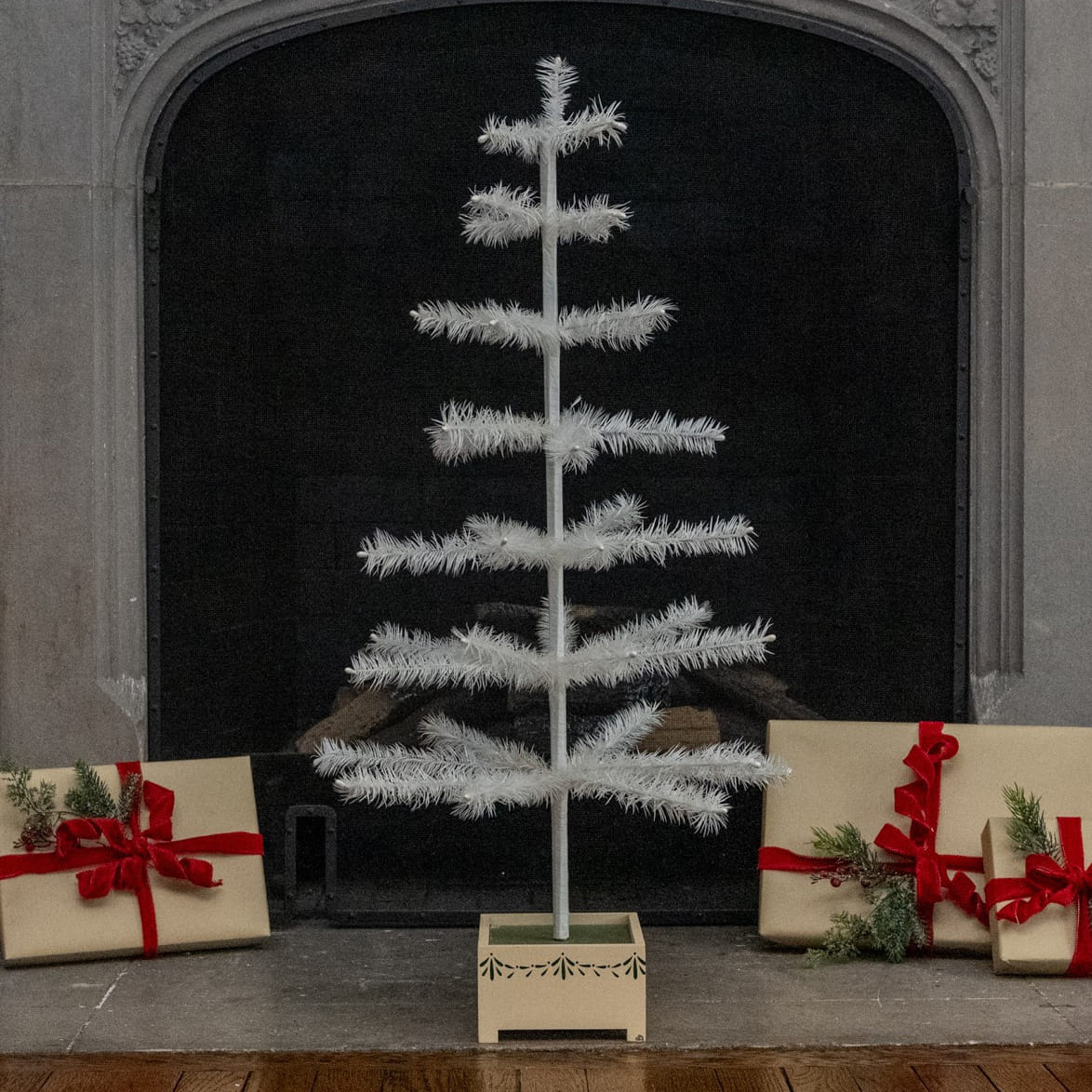 36" Ivory Feather Tree With Wood Base