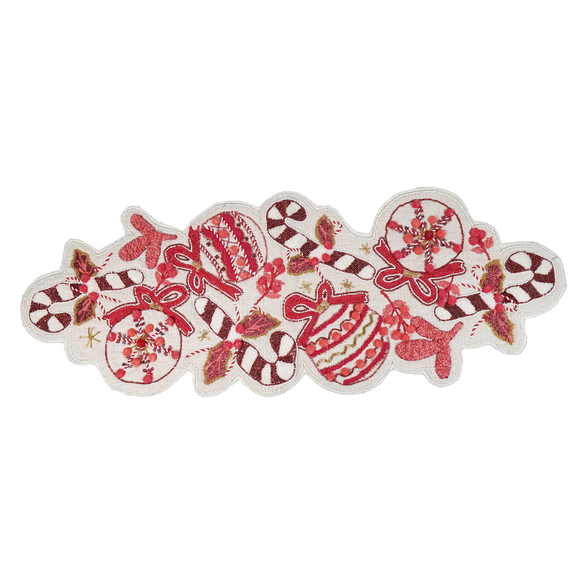 38" Hand-Embroidered Slub Table Runner With Candy Canes & Ornaments