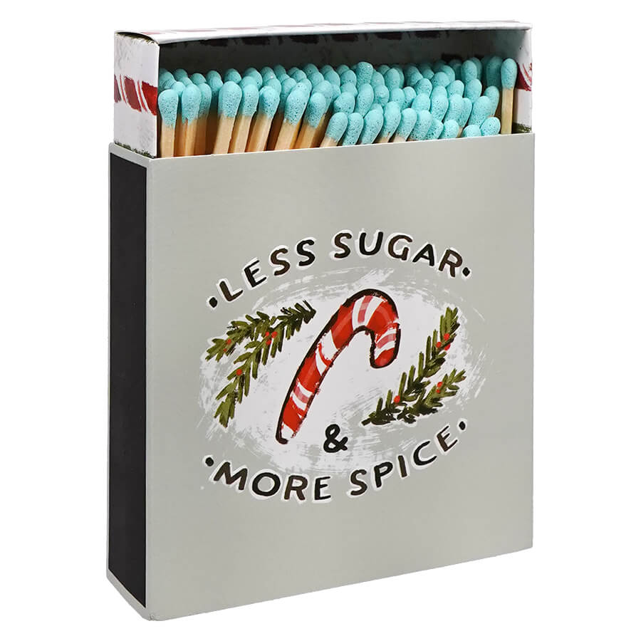 4.25" Long Safety Matches In Embossed "Less Sugar & More Spice" Candy Cane Matchbox