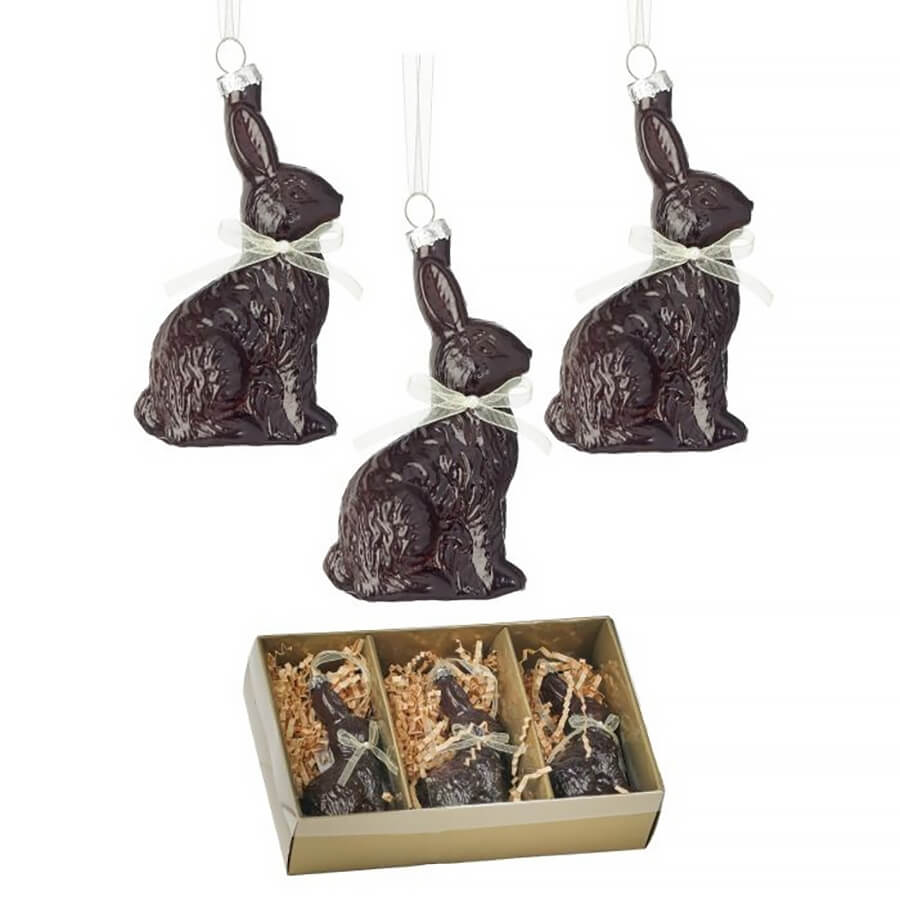 4" Glass Chocolate Bunny Ornaments Boxed Set/3